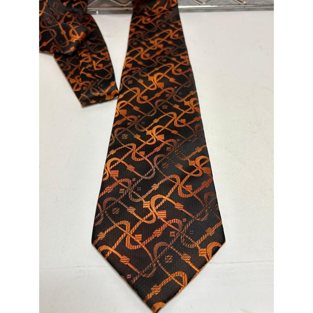 Vintage Brand Q Silk Necktie Mens Black Orange Geometric Rope Pattern Made In It